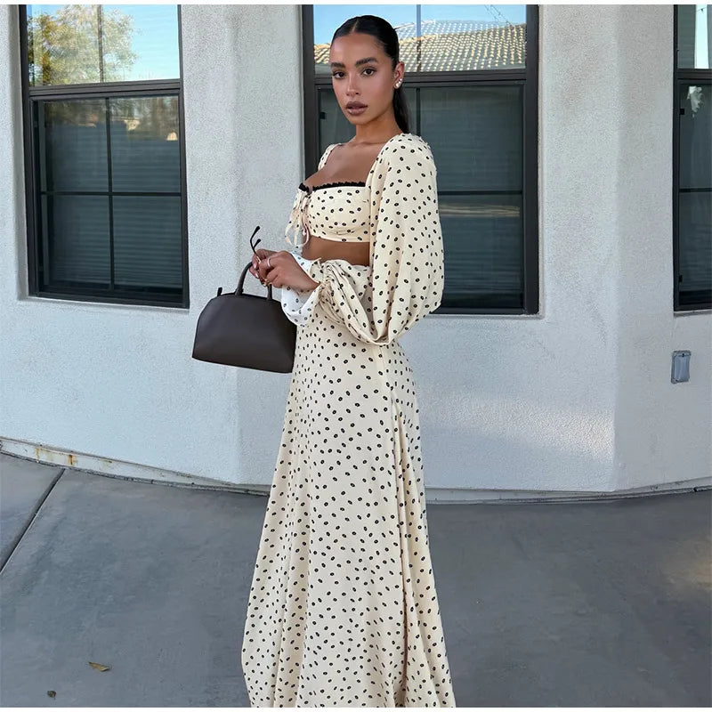 Polka Dot Two-piece Set Square Neck Puff Sleeve Cropped Top With Lace Trim Maxi Skirt