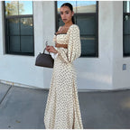 Polka Dot Two-piece Set Square Neck Puff Sleeve Cropped Top With Lace Trim Maxi Skirt