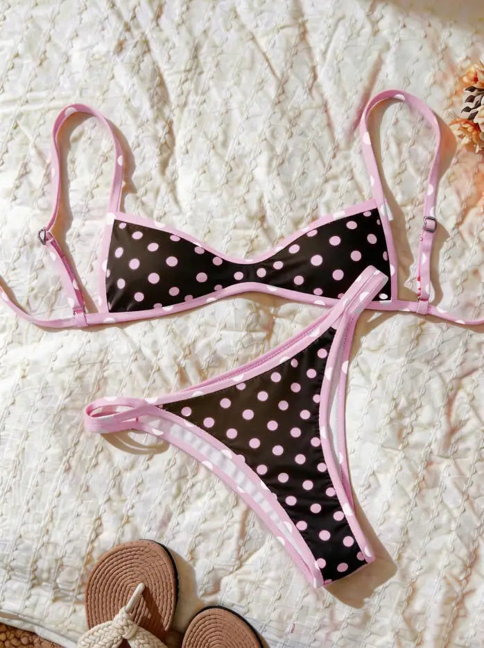 Sexy Micro Print Patchwork Bikini Set Women Pleated Push Up Bra Hollow Out Thong Swimsuit