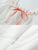 Vintage Bowknot White Dress With Square Collar Cotton Hollow Out