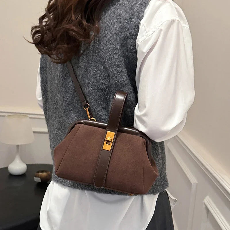 Luxe Faux Suede Frame Shoulder Bag With PU Accent Elegant Crossbody