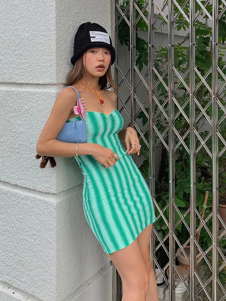 Striped Spaghetti Strap Dress With Pleated Backless Mini Bodycon