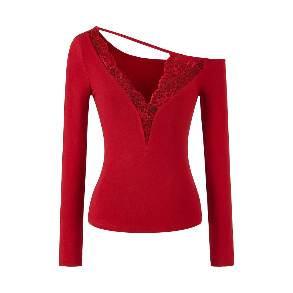 Lace Splice Long Sleeve Vneck Top For Night Out Chic