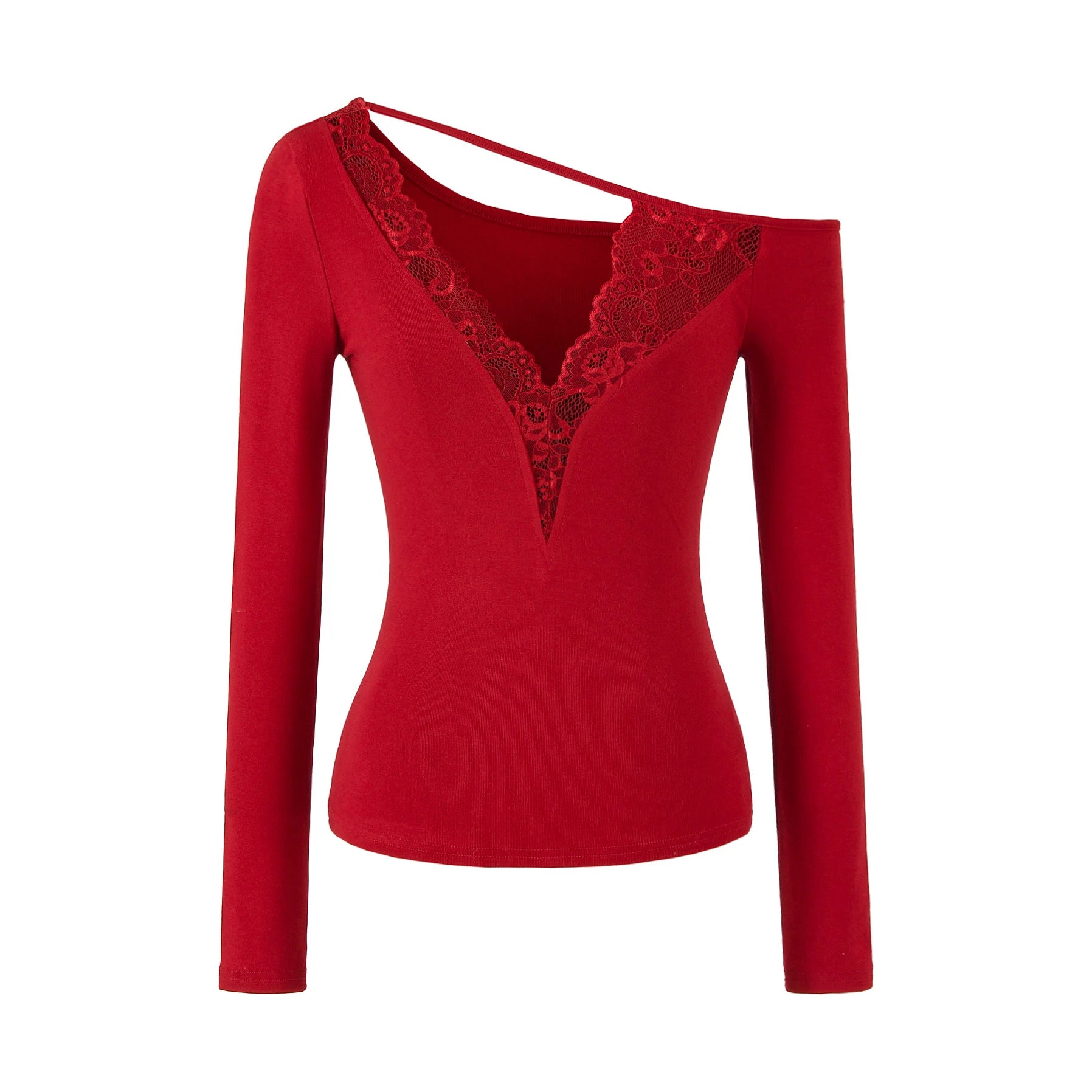 Lace Splice Long Sleeve Vneck Top For Night Out Chic