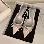 Bowtie Silk Sandals With Pointed Toe And Slim Slingback Heels