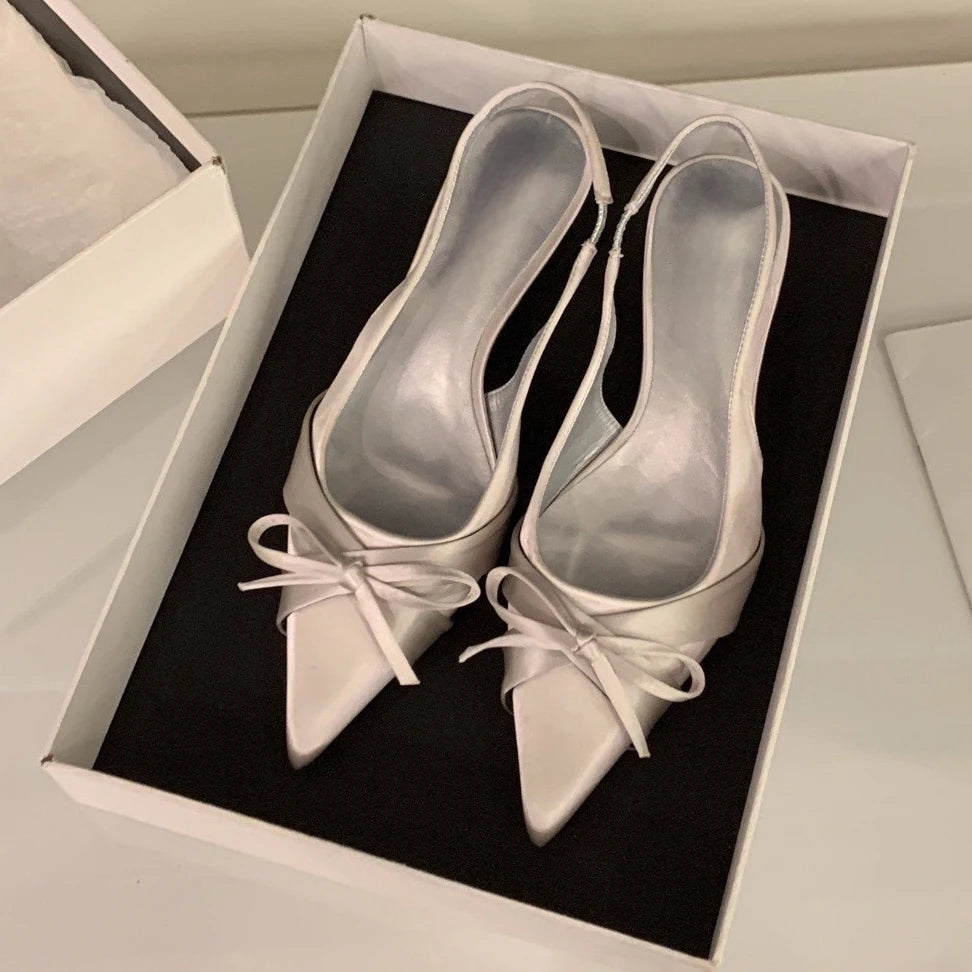 Bowtie Silk Sandals With Pointed Toe And Slim Slingback Heels