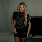 Lace Sheer Party Dress With Pleated Patchwork And Flutter Sleeves For Elegant Evenings