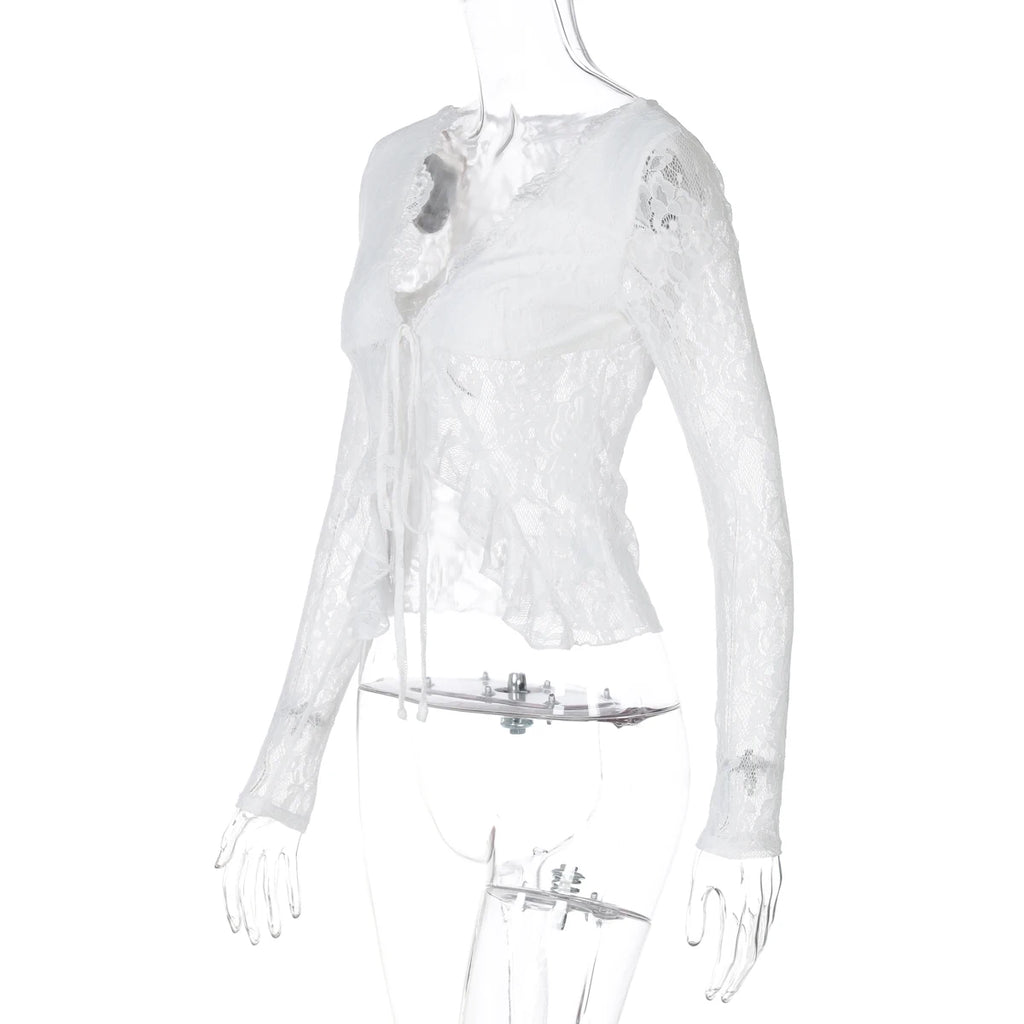Lace Up See Through Cardigan Top With Ruffle Lace Trim For Women Elegant Retro Inspired Party Top