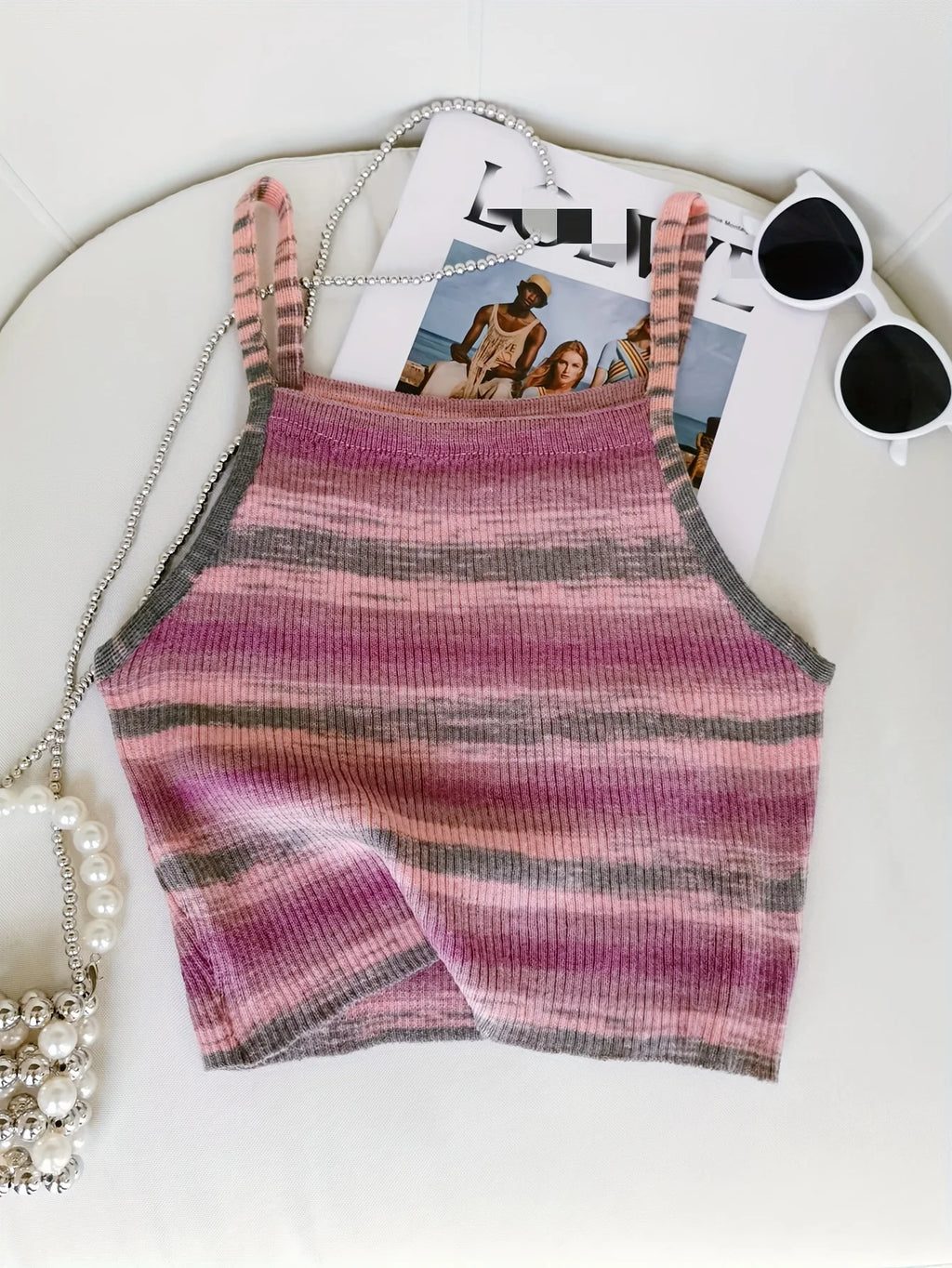 Striped Ribbed Knit Cami Top With Square Neck Sleeveless Rainbow Crop