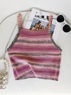 Striped Ribbed Knit Cami Top With Square Neck Sleeveless Rainbow Crop