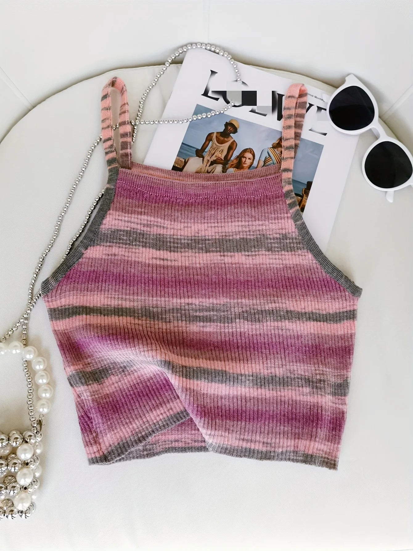 Striped Ribbed Knit Cami Top With Square Neck Sleeveless Rainbow Crop