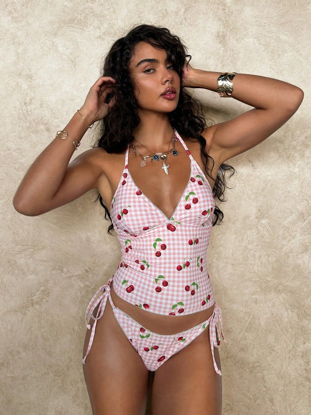 Elegant Cherry Print Strappy Bikini Set With Lace Trim Two Piece Swimsuit For Summer