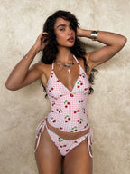 Elegant Cherry Print Strappy Bikini Set With Lace Trim Two Piece Swimsuit For Summer