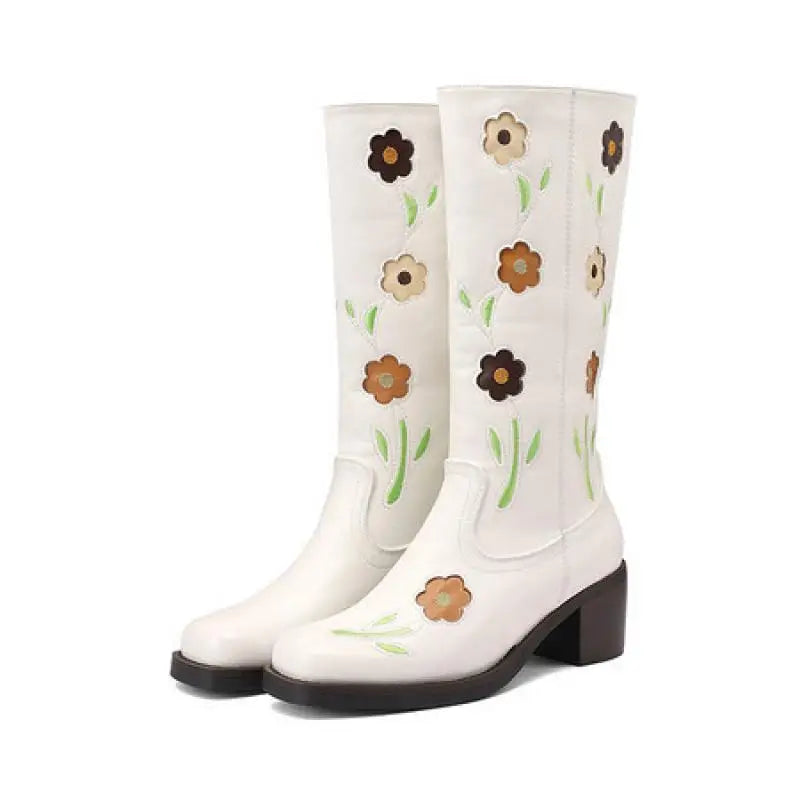 Floral Embroidered Block Heel Boots