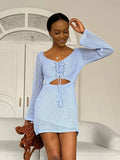 Knit Cutout Swim Cover Dress With V Neck And Lace Up Details Bell Sleeve