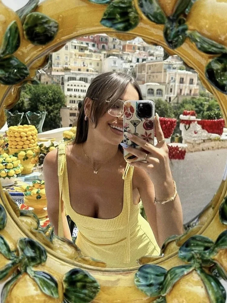 Sunny Yellow Camisole Dress For Women Mid Length Sleeveless Backless Collarless