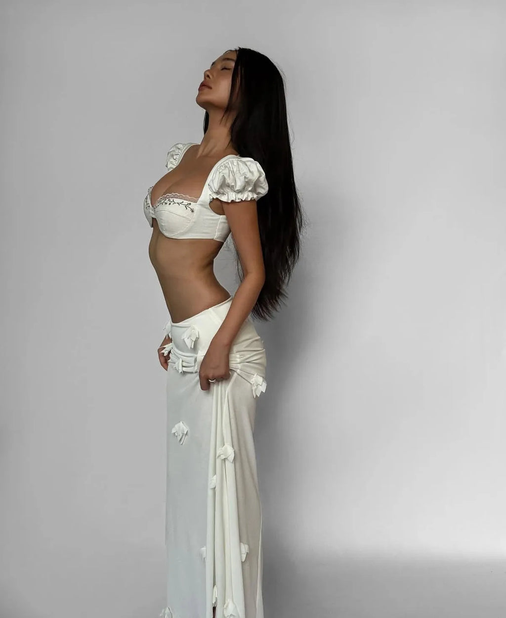 Honey Vacation Outfit Pure Desire White 3D Flower Embroidery Long Dress Set