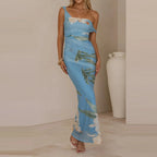 Elegant Floral Mesh Maxi Dress Sleeveless With Slash Collar