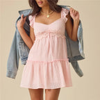 Women's Ruffle Sleeve Lace Trim Babydoll Mini Dress V Neck Tiered Swing with Smocked Back