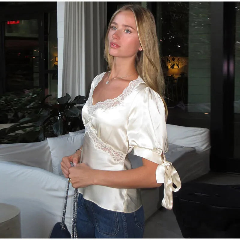 Lace Splicing Female Chic Bow Lace-up V Neck Short Sleeve Shirt