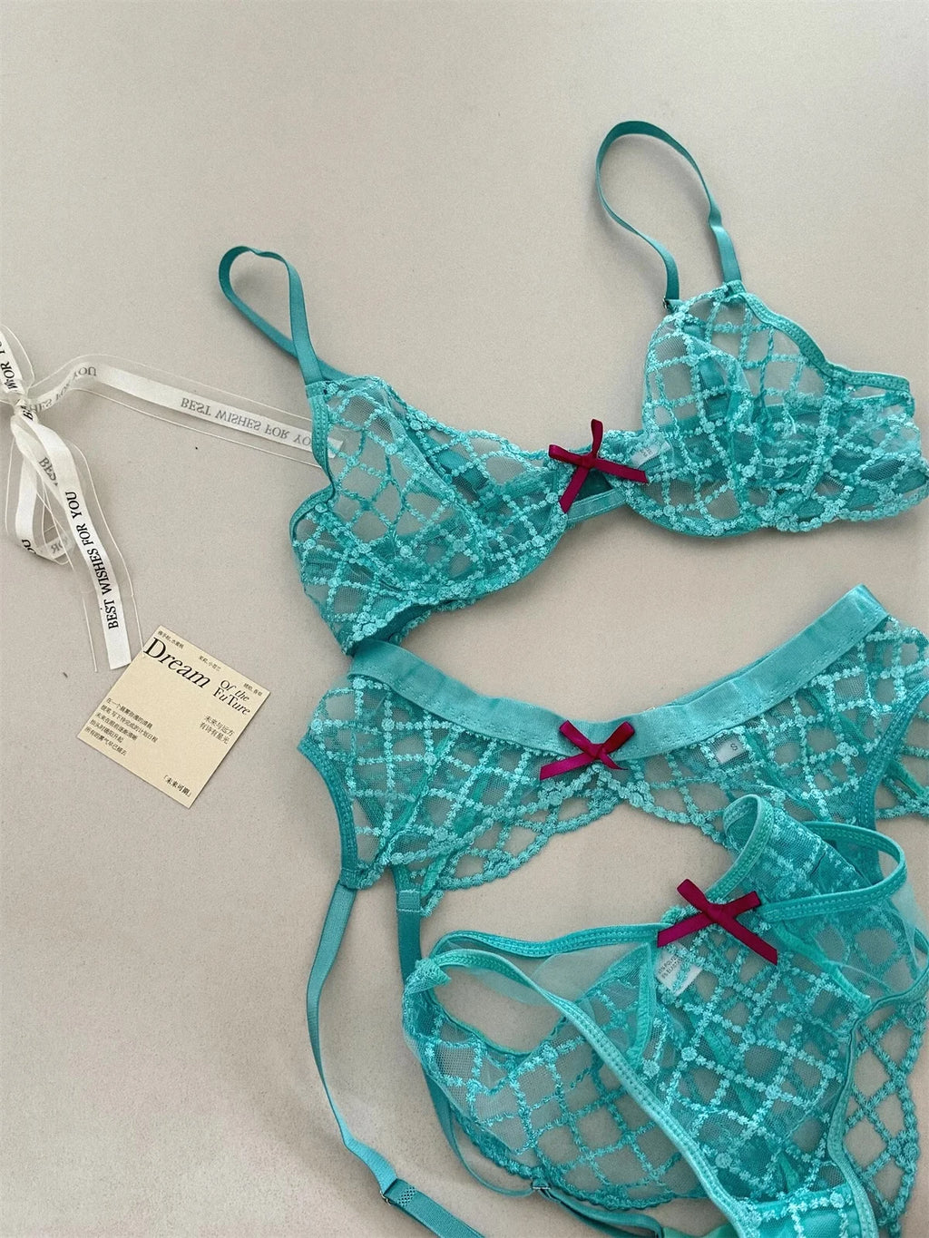 Lace Ultra-Thin Push-Up Bra Panty and Garter Set in Blue Transparent Lattice