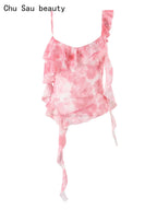Vintage Print Asymmetrical Mesh Slim Backless Camisole