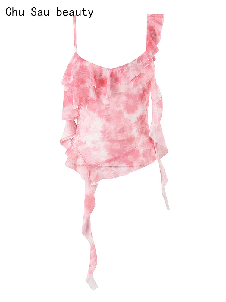 Vintage Print Asymmetrical Mesh Slim Backless Camisole
