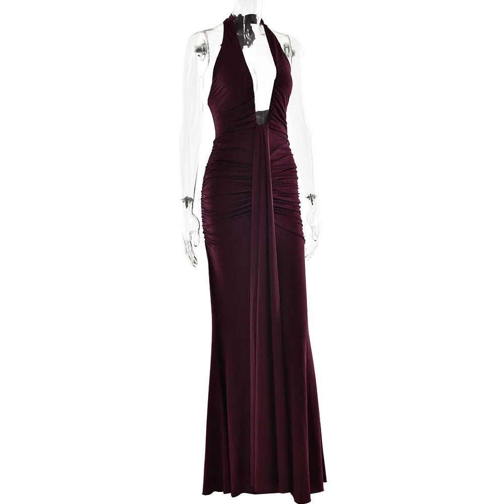 Deep V-Neck Backless Ruched Maxi Dress Halter Gown