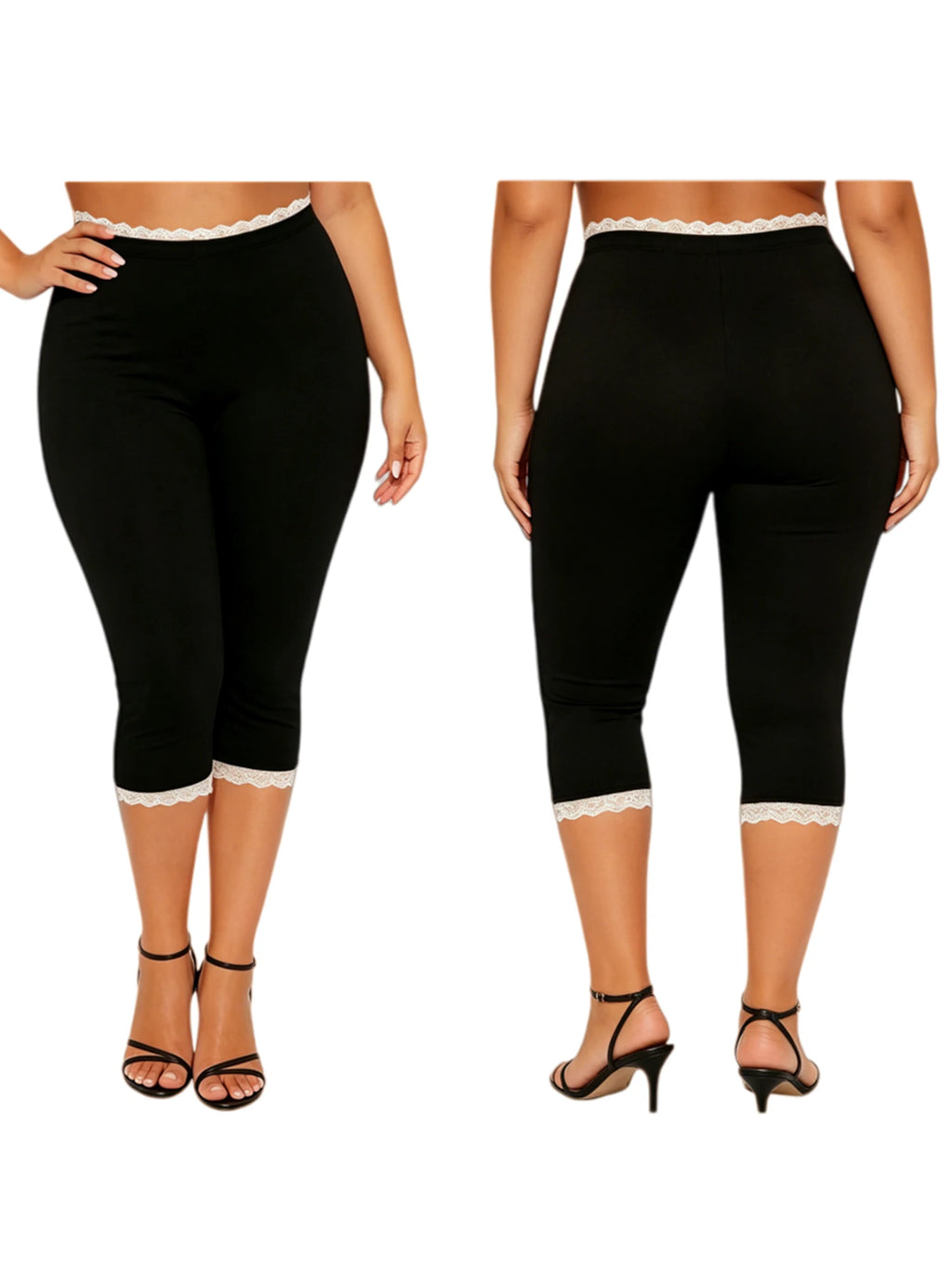 Lace Trim Capri Leggings With Elastic Waist Women Three Quarter Length