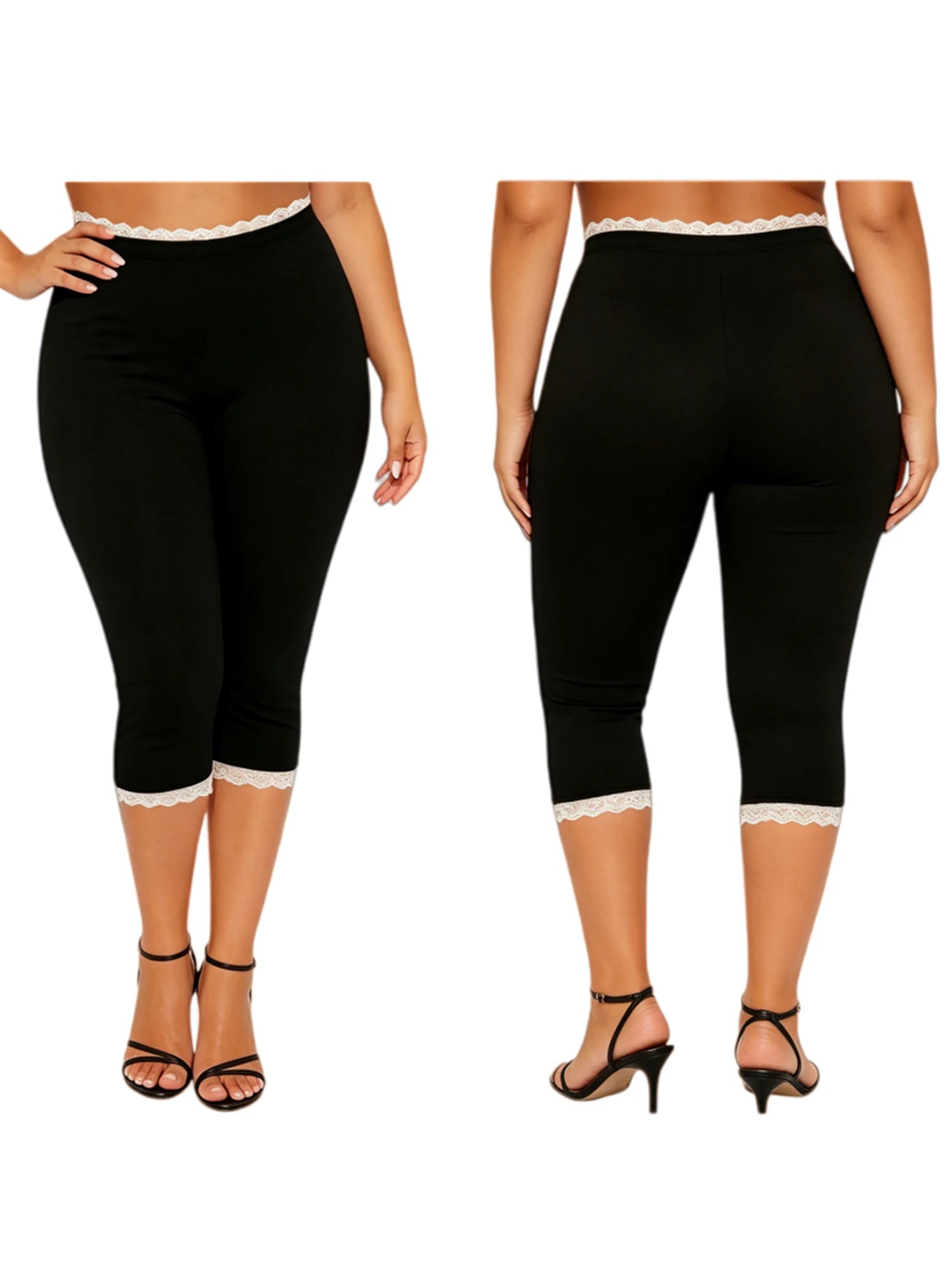 Lace Trim Capri Leggings With Elastic Waist Women Three Quarter Length
