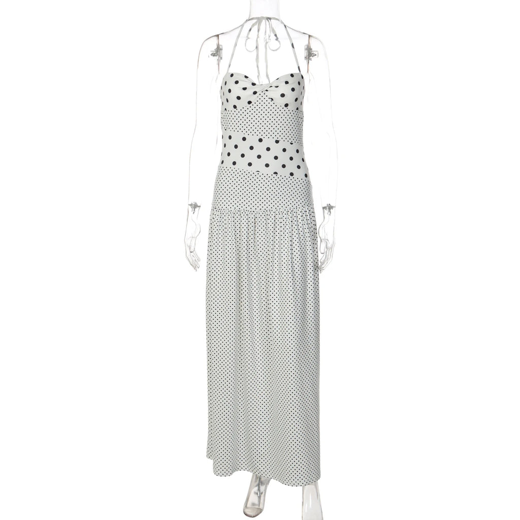Backless Lace Up Polka Dot Maxi Dress