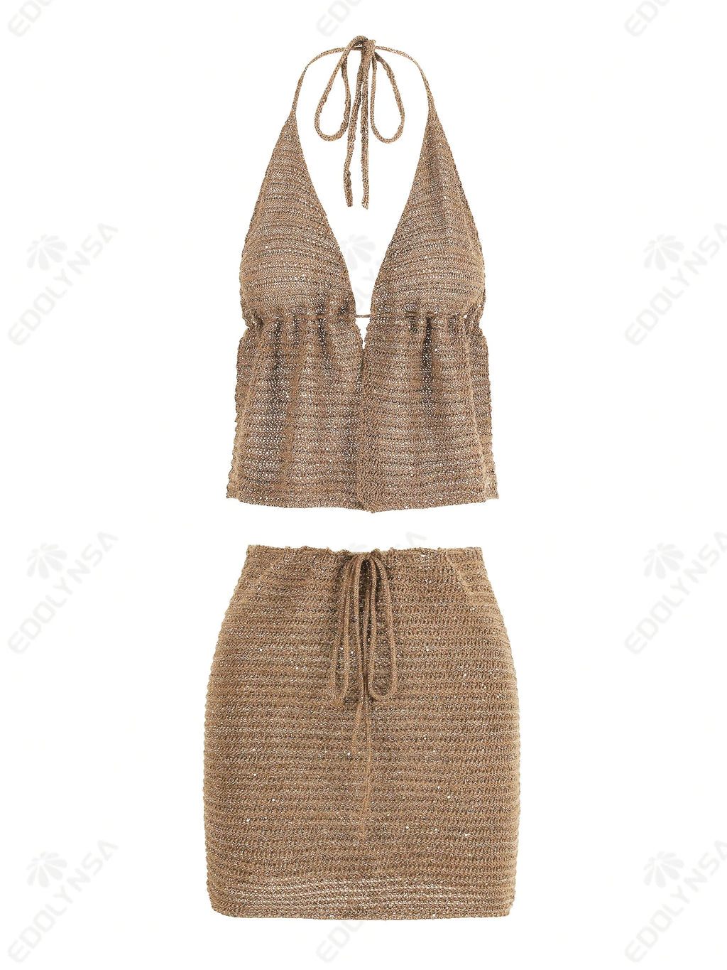 Knit Beach Set With Wrap Backless Top And Mini Skirt
