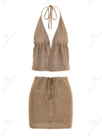 Knit Beach Set With Wrap Backless Top And Mini Skirt