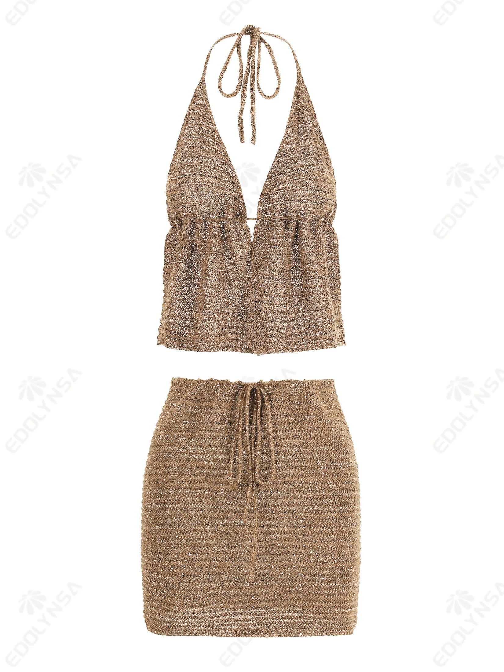 Knit Beach Set With Wrap Backless Top And Mini Skirt