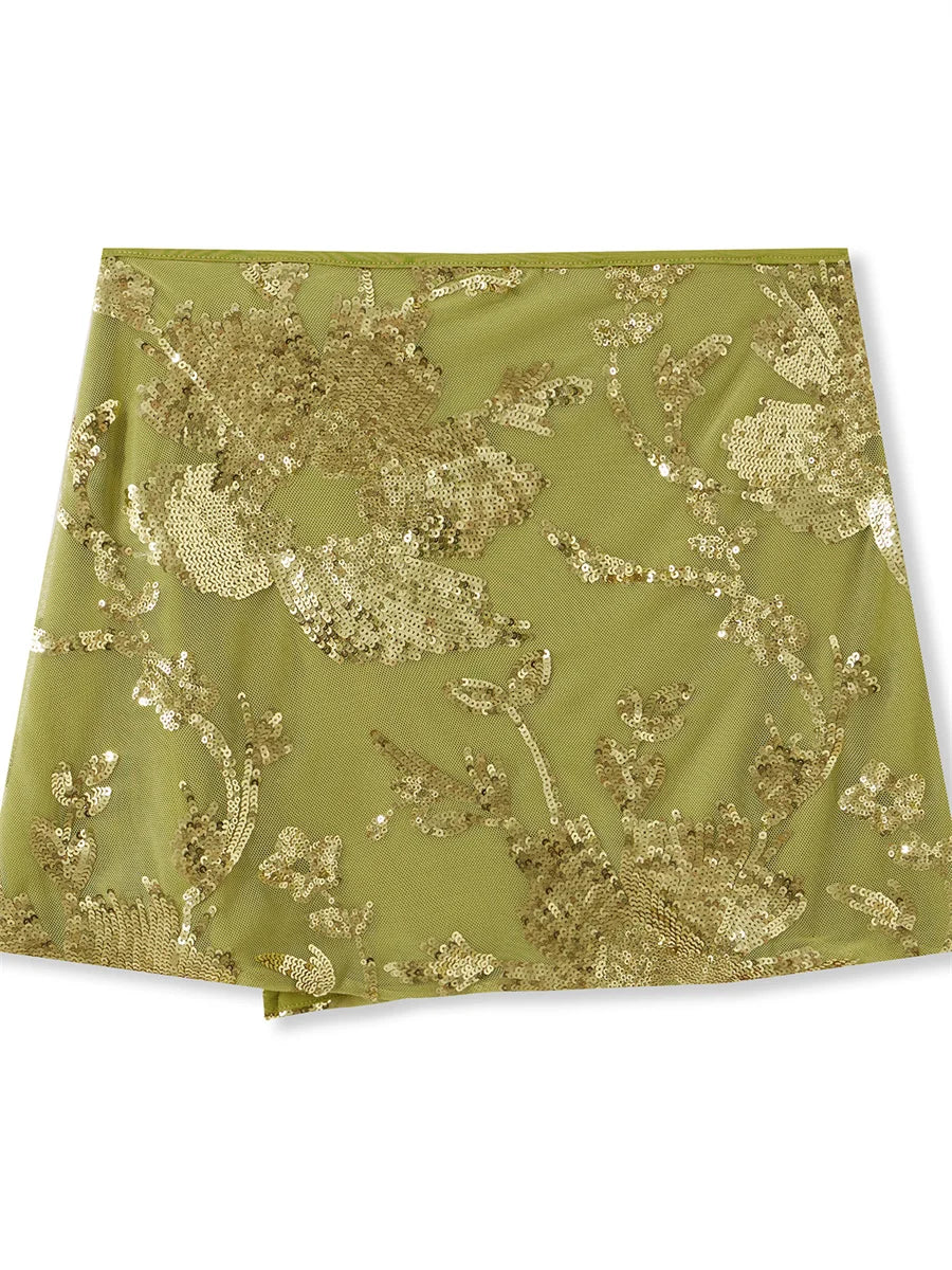 Gleaming Sequin Mini Skirt With Side Tie Low Rise Sparkly