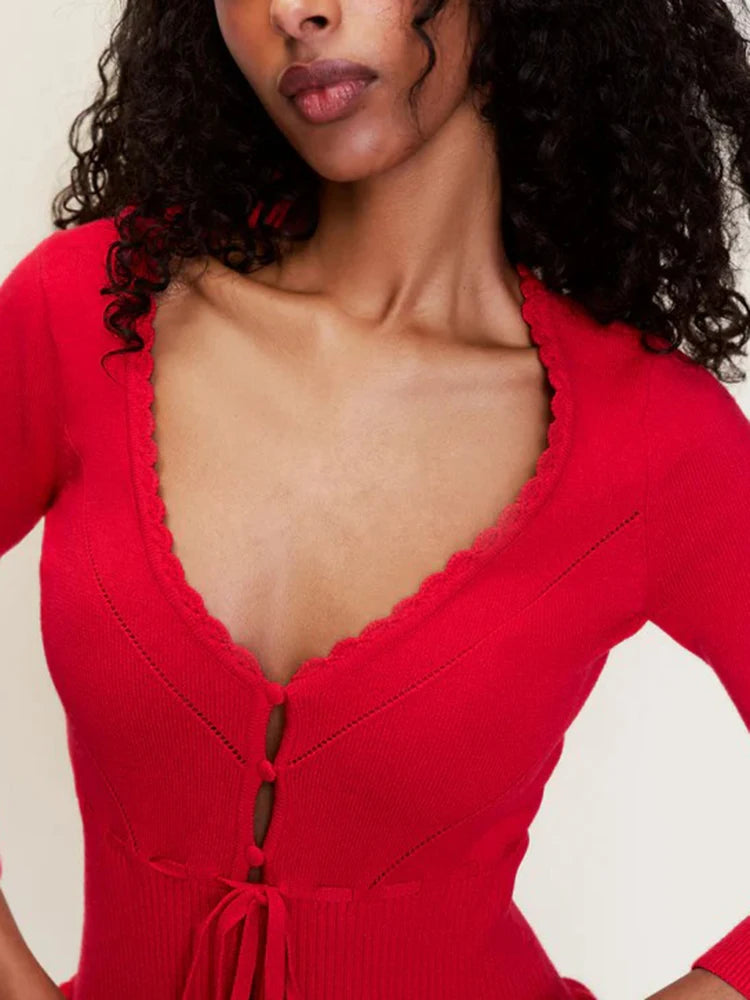 Hollow Crochet Knit Cropped Sweater in Beige and Red Long Sleeve Knit Top for Women