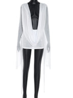 Ruched Sheer Mesh Dress With Flare Sleeves V Neck