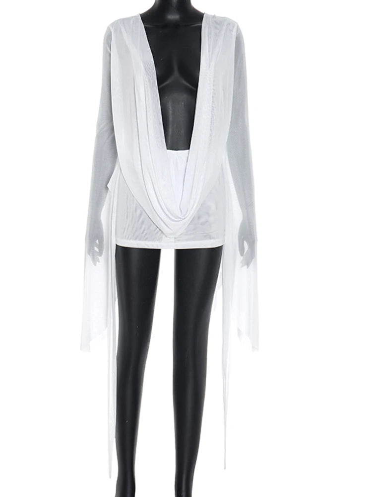 Ruched Sheer Mesh Dress With Flare Sleeves V Neck
