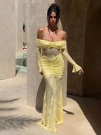 Off Shoulder Pleated Maxi Dress With Lace Patchwork