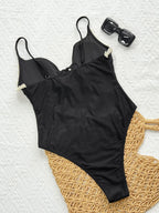 Midnight Patchwork One Piece Swimsuit With Lace Trim Front Tie Hollow Out Design