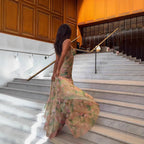 Elegant Floral Spaghetti Strap Maxi Dress With Backless High Split Ruched Silhouette
