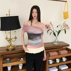 Bold Tie Dye Mesh Crop Top With Slash Neck And Patchwork