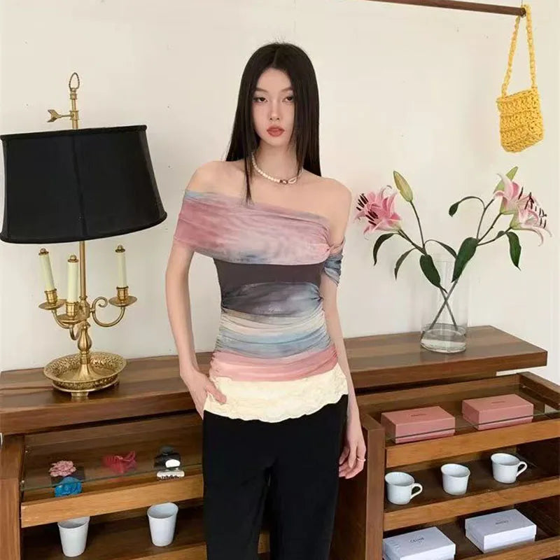 Bold Tie Dye Mesh Crop Top With Slash Neck And Patchwork