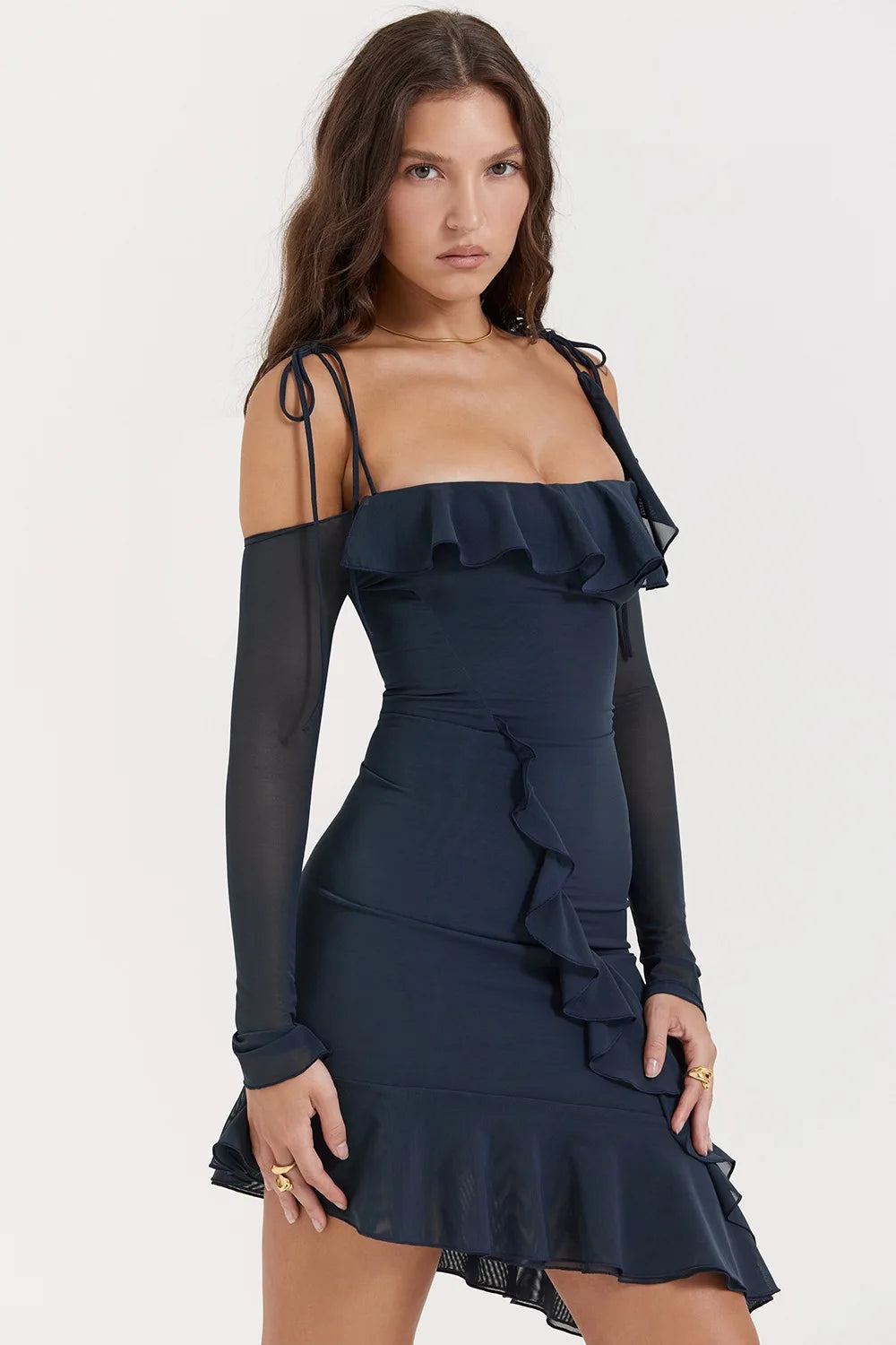 French Vintage Flounce Strap Dress with Irregular Bottom Hem Ribbon