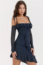 French Vintage Flounce Strap Dress with Irregular Bottom Hem Ribbon
