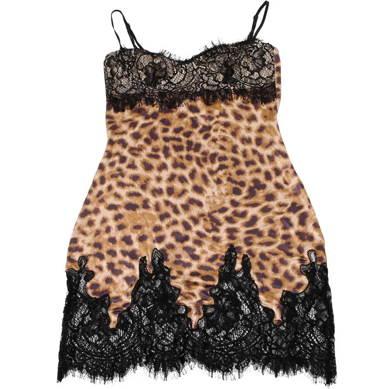 Leopard Patchwork Lace Mini Dress With Spaghetti Straps High Waist