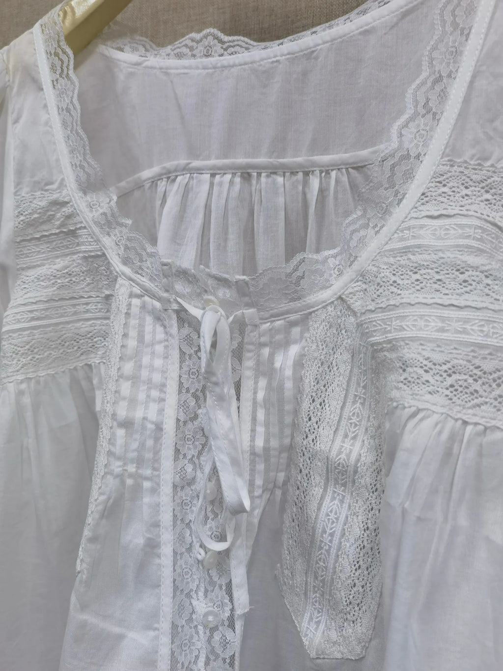 White Lace-up Women Blouse Cotton Bohemian Lace Splice Hollow out U Neck Lightweight Shirt
