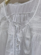 White Lace-up Women Blouse Cotton Bohemian Lace Splice Hollow out U Neck Lightweight Shirt