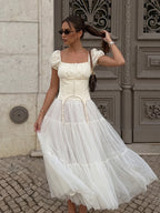Female Slim Fit Square Neck Puff Sleeve Lace Ruched Corset Waist Short Blouse