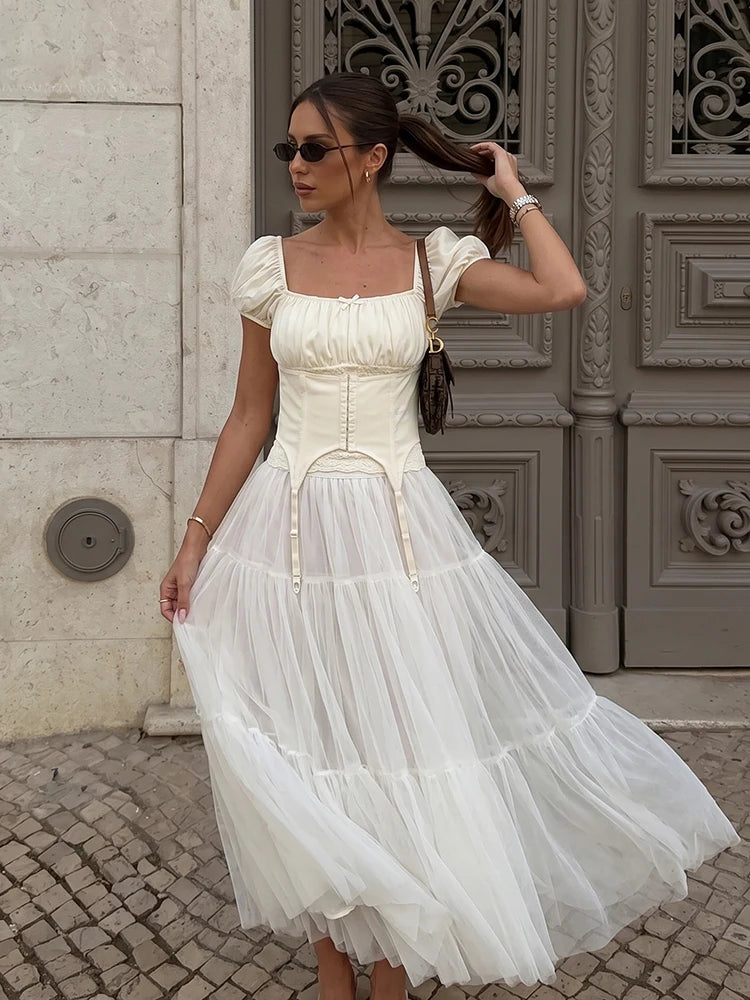 Female Slim Fit Square Neck Puff Sleeve Lace Ruched Corset Waist Short Blouse
